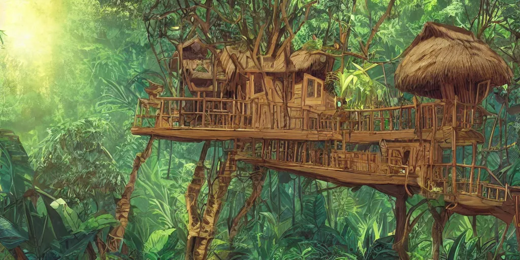 Prompt: a tree house in the jungle, sunshine, by alba ballesta gonzalez. 4 k wallpaper, digital flat 2 d, japan animation, comic book, illustration, cinematic lighting, smooth sharp focus.