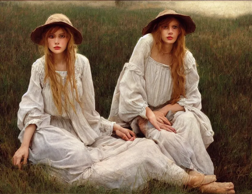 Prompt: beautiful peasant sisters with long hair, cottage core, cinematic focus, polaroid photo bleached vintage pastel colors high - key lighting, soft lights, foggy, by steve hanks, by lisa yuskavage, by serov valentin, by tarkovsky, 8 k render, detailed, oil on canvas