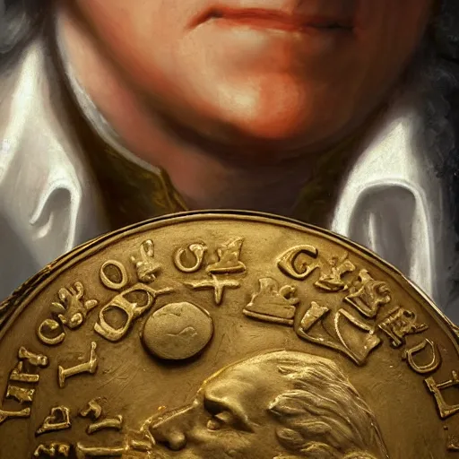 Image similar to a closeup photorealistic photograph of a happy George Washington inspecting small gold Doubloon coins at his home on Cherry Street. This 4K HD image is Trending on Artstation, featured on Behance, well-rendered, extra crisp, features intricate detail and the style of Unreal Engine.