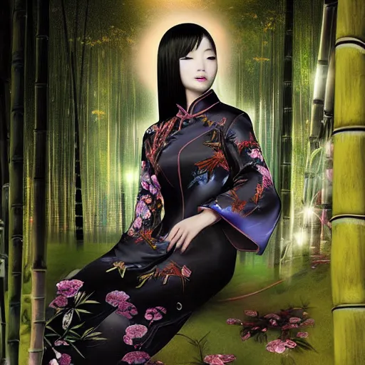 Image similar to photorealistic dramatic fantasy digital painting of a beautiful chinese woman wearing a qipao who is partially transforming into a werepanda, in the moonlit bamboo forest at night. physiological transformation ; hybrid creature that is half panda and half human. highly - detailed professional art.