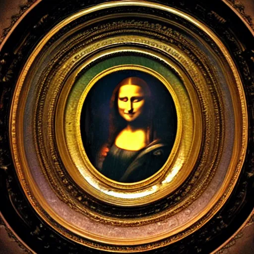 Prompt: fish eye of mona lisa looking me, dark lighting