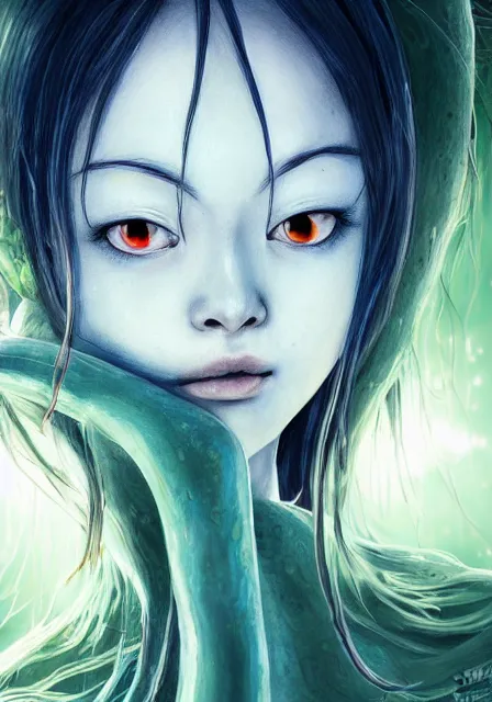 Image similar to beautiful portrait of a slime woman's face by aramaki shinji, amano yoshitaka, junji ito, tsutomu nihei, lilia alvarado, 8 k, hd