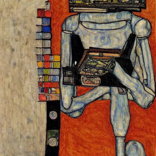 Prompt: a robot reading a book by egon schiele