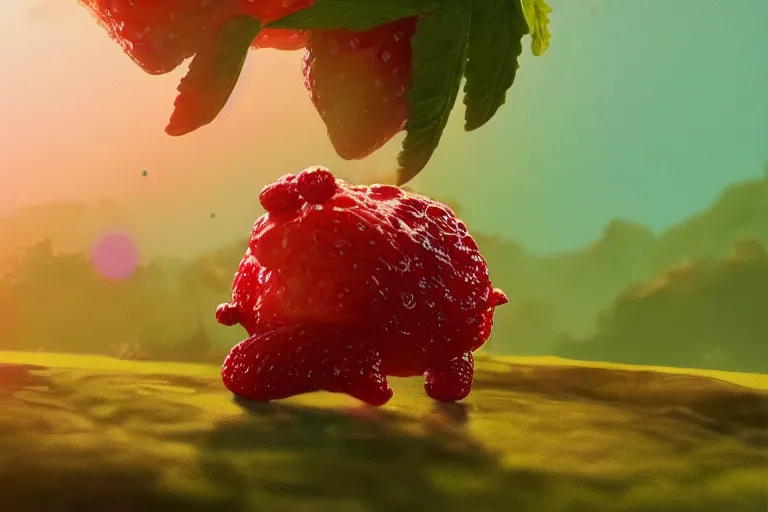 Image similar to the cutest tardigrade spitting in strawberries artstation golden hour trending on Flickr pink and green cinematic high details photorealistic 35mm