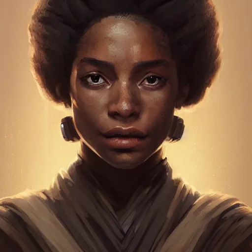 Prompt: portrait of a woman by greg rutkowski, young jedi knight, black, afro hair, prettt, star wars expanded universe, she is about 2 0 years old, wearing jedi robes, highly detailed portrait, digital painting, artstation, concept art, smooth, sharp foccus ilustration, artstation hq