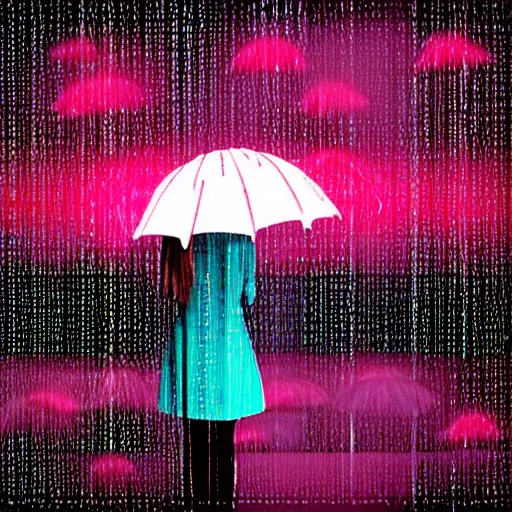 Prompt: rain, pattern, retrowave, umbrella, girl