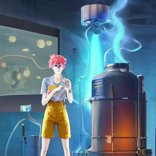 Prompt: British Pokemon original character with wild peach colored hair and heterochromia, Pixar style, beautiful woman, scientist, standing in a lab in front of a giant containment liquid filled tank, by Tristan Eaton Stanley Artgerm and Tom Bagshaw, Makoto Shinkai ilya kuvshinov and Wojtek Fus