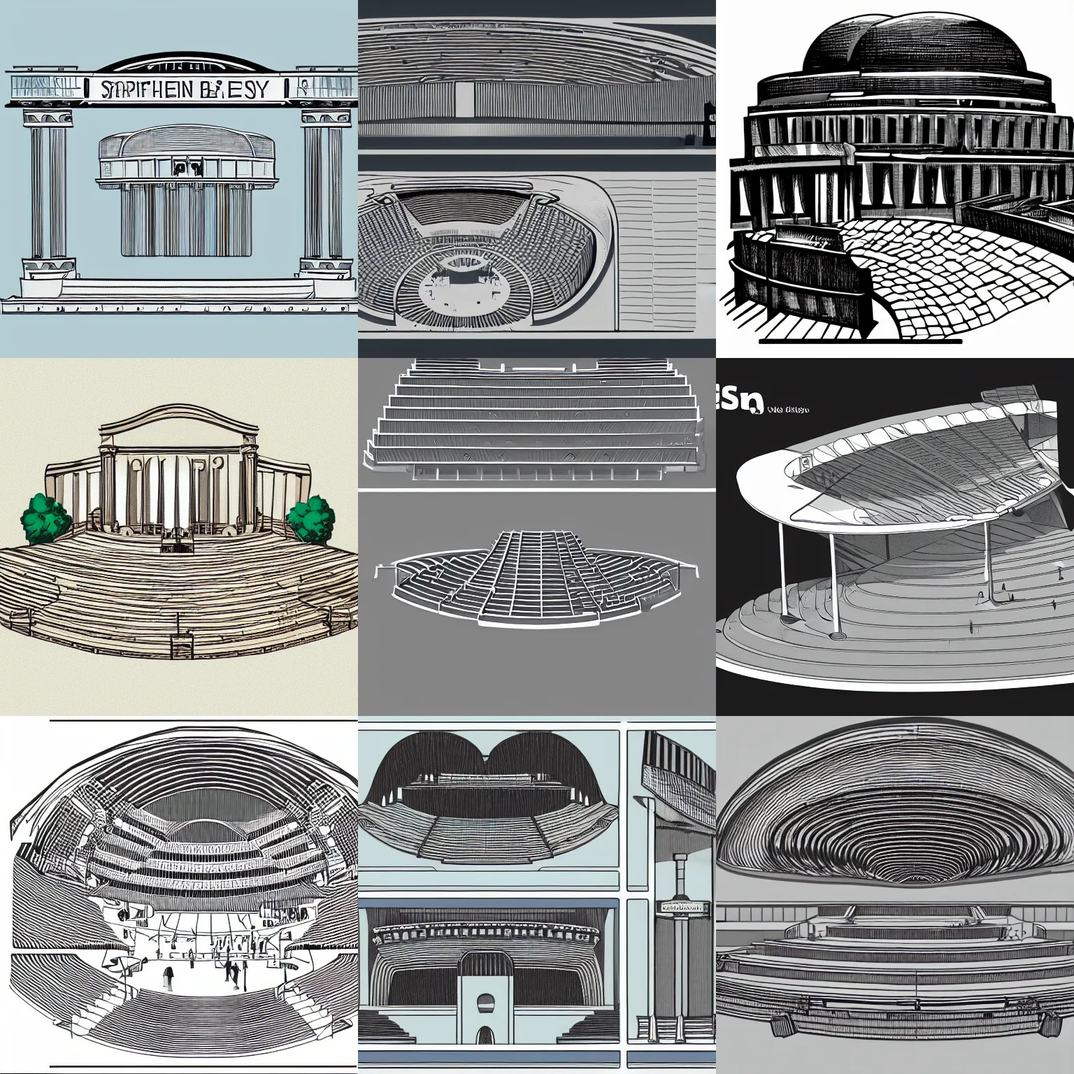 Prompt: a stephen biesty cross - section of simplified!!! smooth shaded ancient amphitheater, precise! vector trace, 3 / 4 wide shot, tom whalen, sketch - up model, white background