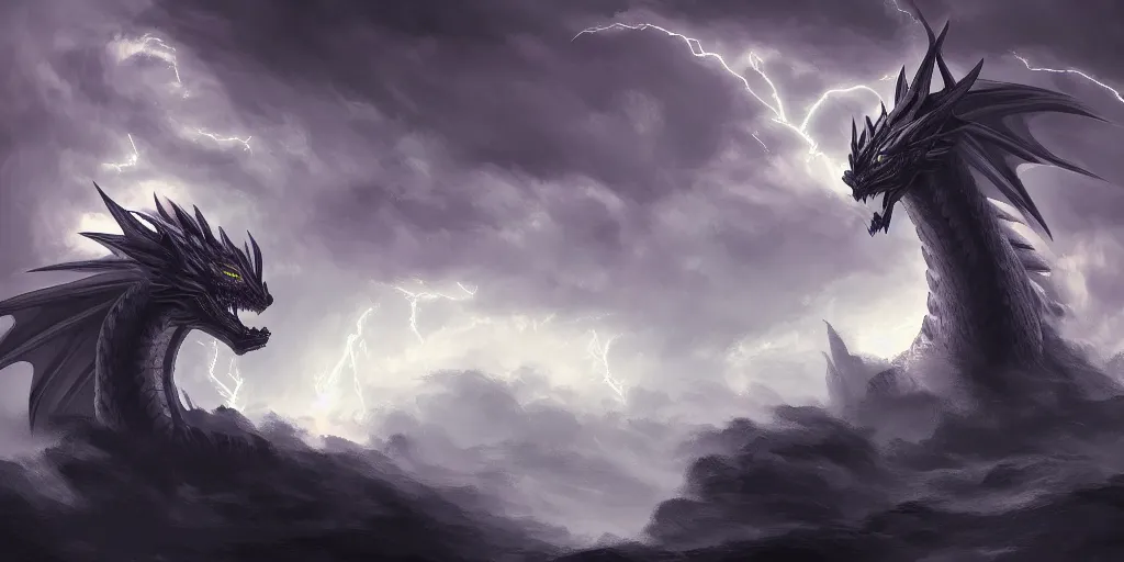 Image similar to digital painting, storm dragon, lightning storm, fantasy landscape, detailed lighting, high quality, sharp focus, intricate, artstation, 4k