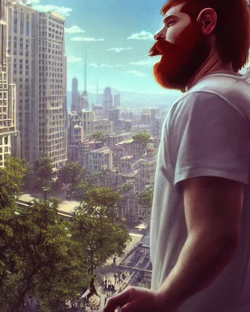 Prompt: wide angle of attractive red - headed bearded man wearing a white t - shirt levitating over the street below, arms spread wide, highly detailed, unreal engine, artstation, depth of field, smooth, sharp focus, unreal engine render by artgerm, greg rutkowski, alphonse mucha, j. c. leyendecker