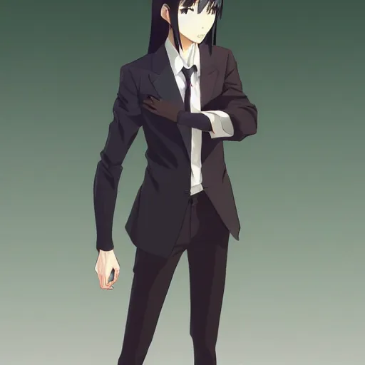 Image similar to full body portrait character concept art, anime key visual of decadent green long straight hair young anime male in black suit, green long straight hair and brown eyes, finely detailed perfect face studio lighting delicate features directed gaze, gapmoe kuudere grimdark, trending on pixiv fanbox, painted by greg rutkowski makoto shinkai takashi takeuchi studio ghibli