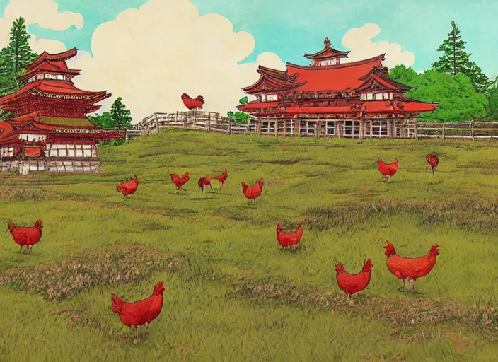 Image similar to red and brown japanese fort in a meadow with chickens by studio ghibli painting