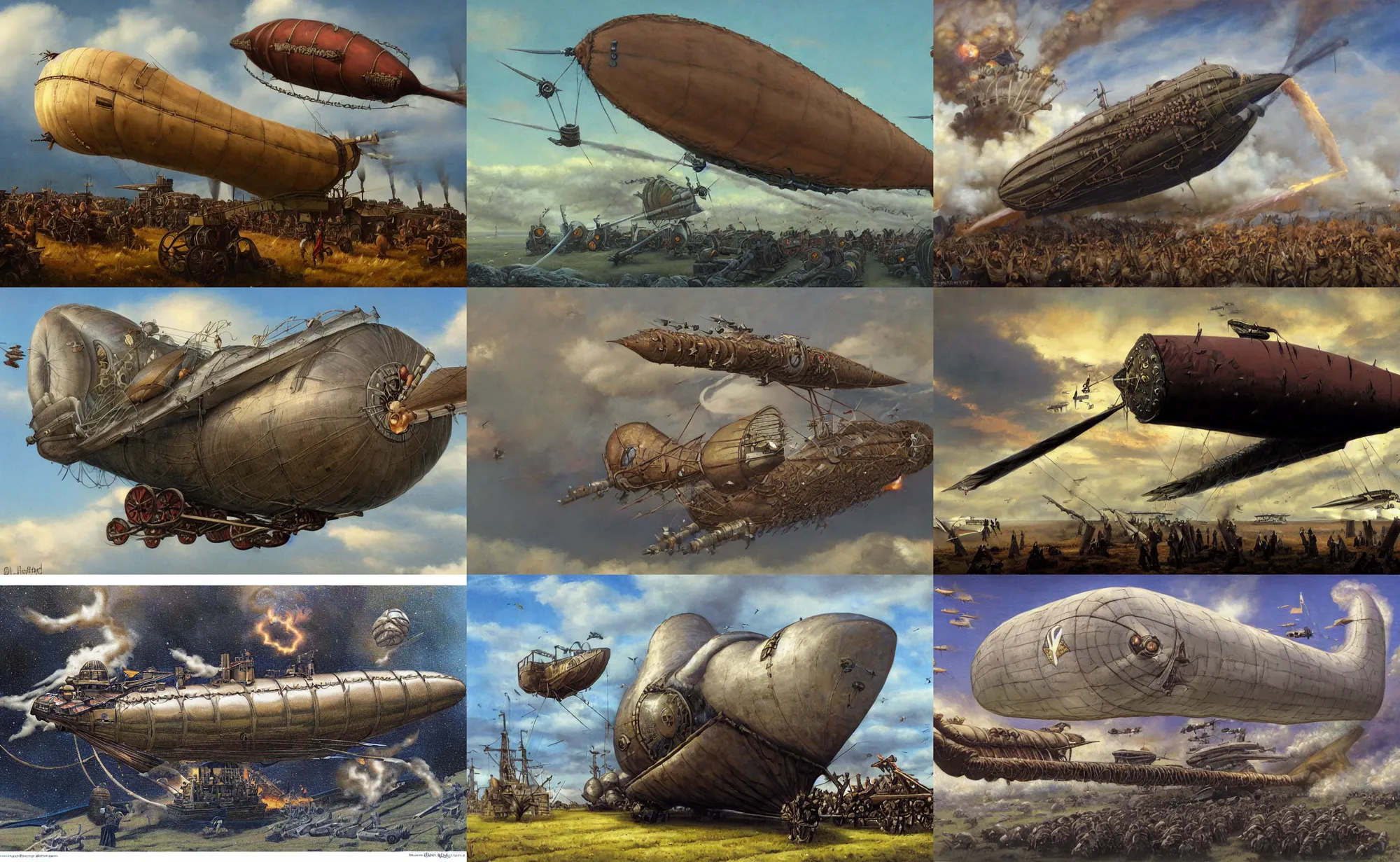 Prompt: a small airship made out of haggis equipped with cannons and artillery, by gerald brom and greg rutowski, beautiful day