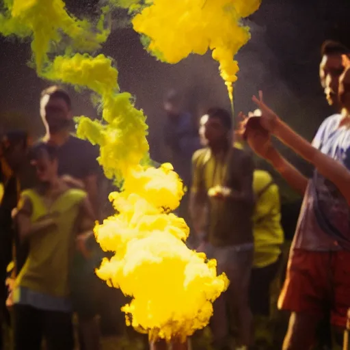 Prompt: astral man blowing yellow smoke, intoxicating a group of people