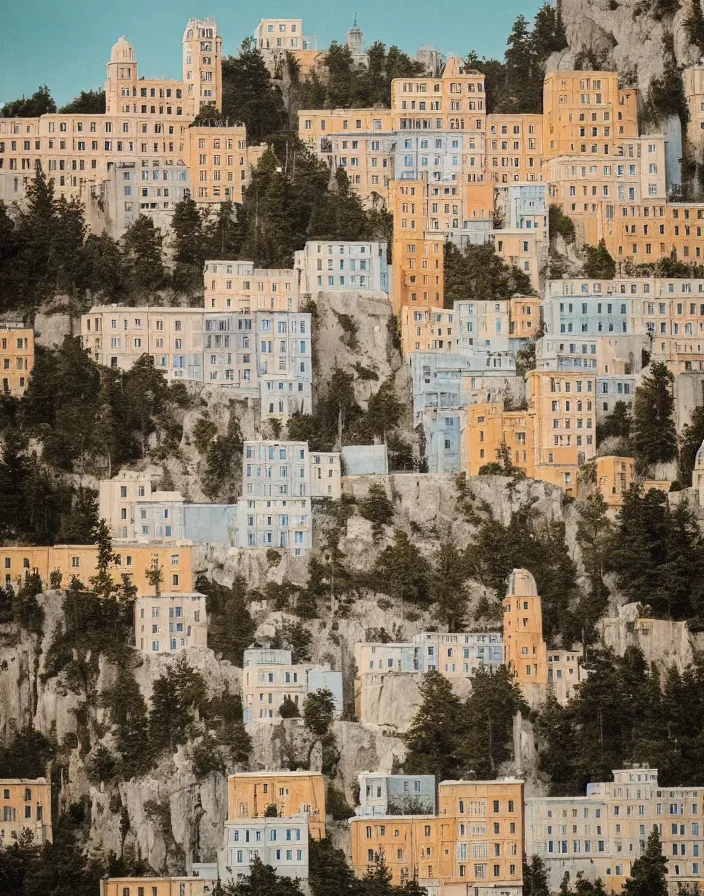 Image similar to a building in a stunning landscape by Wes Anderson