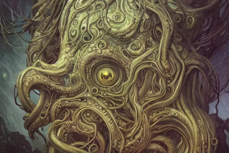 Image similar to a lovecraftian painting of cthulhu face of cosmic horror, cosmic horror elements, ultra realistic, concept art, intricate details, eerie, highly detailed, photorealistic, octane render, 8 k, unreal engine. art by artgerm and greg rutkowski and alphonse mucha