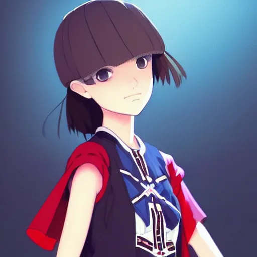 Image similar to a beautiful! boyish! natalie portman model, wearing catholic school girl outfit with mayan pattern and native style, jrpg aztec street fashion, gapmoe yandere grimdark, trending on pixiv fanbox, painted by greg rutkowski makoto shinkai takashi takeuchi studio ghibli, akihiko yoshida