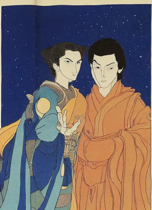 Image similar to portrait of emperor paul atreides and chani, dune, husband and wife, only 2 people, bright blue eyes, scifi, detailed, awe - striking, pious, space opera, in the style of yamato - e, traditional japanese painting, tosa school, tosa mitsuoki, tosa mitsunobu, iwasa matabei