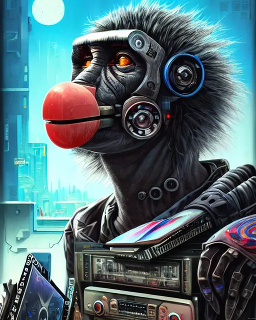 Image similar to a portrait of an anthropomorphic cyberpunk baboon by sandra chevrier, detailed render, tape deck, epic composition, cybernetics, 4 k realistic, cryengine, realistic shaded lighting, sharp focus, masterpiece, by matteo scalera, gary montalbano, peter elson in the style of the tokyo ghost comic