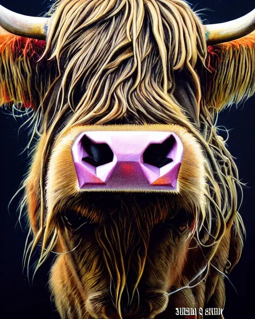 Image similar to a portrait of an anthropomorphic cyberpunk highland cattle bull by sandra chevrier, by jon foster, detailed render, tape deck, epic composition, cybernetics, 4 k realistic, cryengine, realistic shaded lighting, sharp focus, masterpiece, by enki bilal
