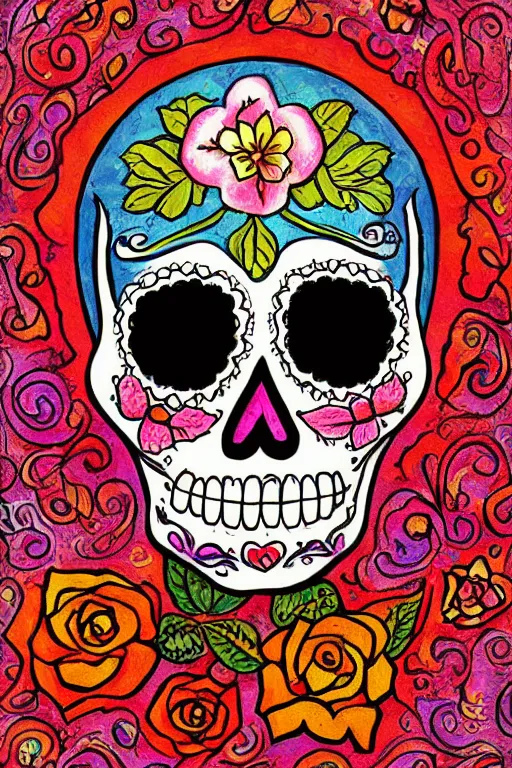 Prompt: Illustration of a sugar skull day of the dead girl, art by henry moret