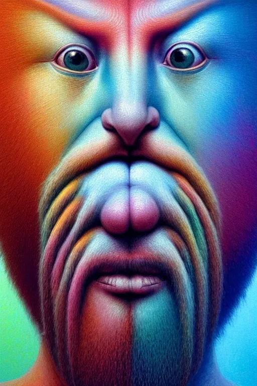 Image similar to hyperrealistic close-up Renaissance psychedelic!! god happy fluffy kind! creature!! peaceful! kind spirit of nature highly detailed concept art eric zener elson peter cinematic hard rainbow lighting high angle hd 8k sharp shallow depth of field, inspired by Zdzisław Beksiński