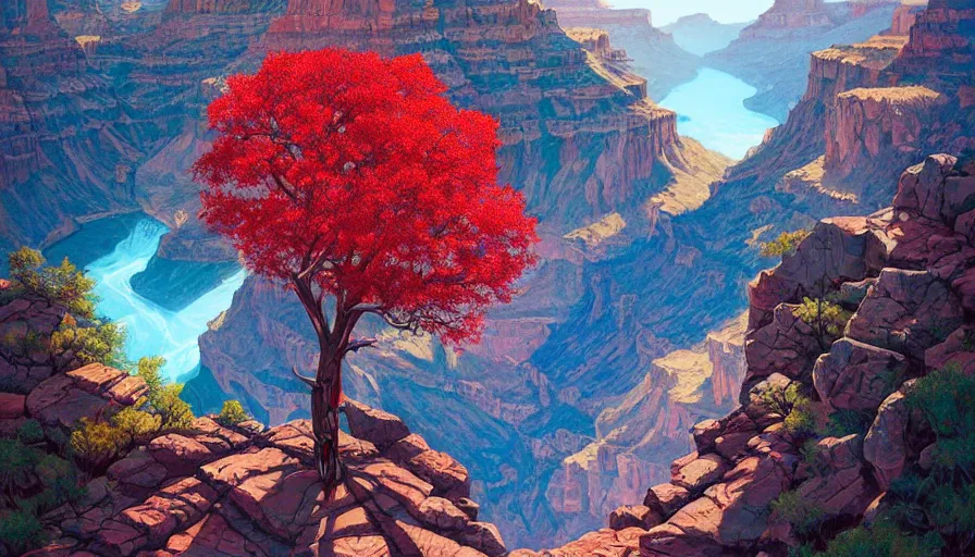 Image similar to single red maple tree growing in grand canyon, stream, tristan eaton, victo ngai, artgerm, rhads, ross draws, highly detailed, masterpiece