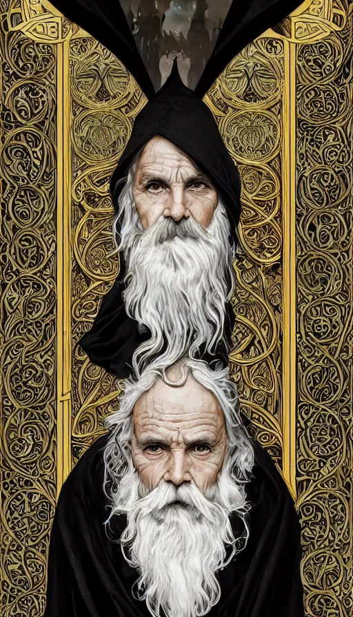 Image similar to one old man wore a black cloak, a black cloak and a white beard, highly detailed, very intricate, art nouveau, gold filigree, left right symmetry, tarot concept art watercolor illustration by mandy jurgens and alphonse mucha and alena aenami, featured on artstation