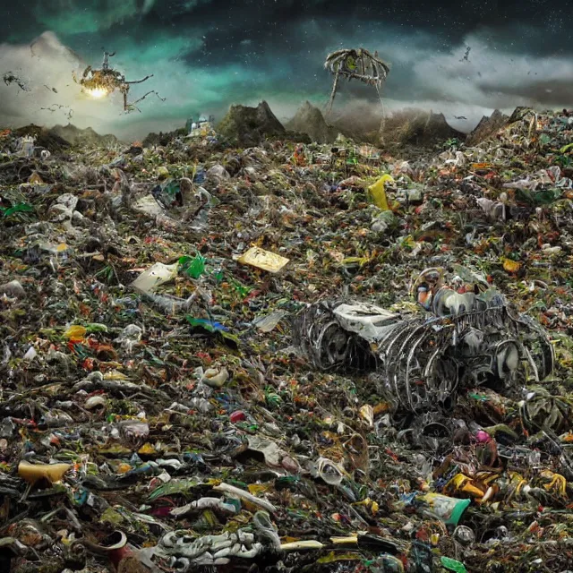 Image similar to a machine made of rubbish with long arms devours other rubbish and creatures in a giant rubbish heap full of strange and terrifying creatures, under a dark green sky in the distance, bones, corpses, monsters, hell, distorted, creepy, by dan seagrave, cinematic photography, cinematic, ue 5, realistic, sci - fi