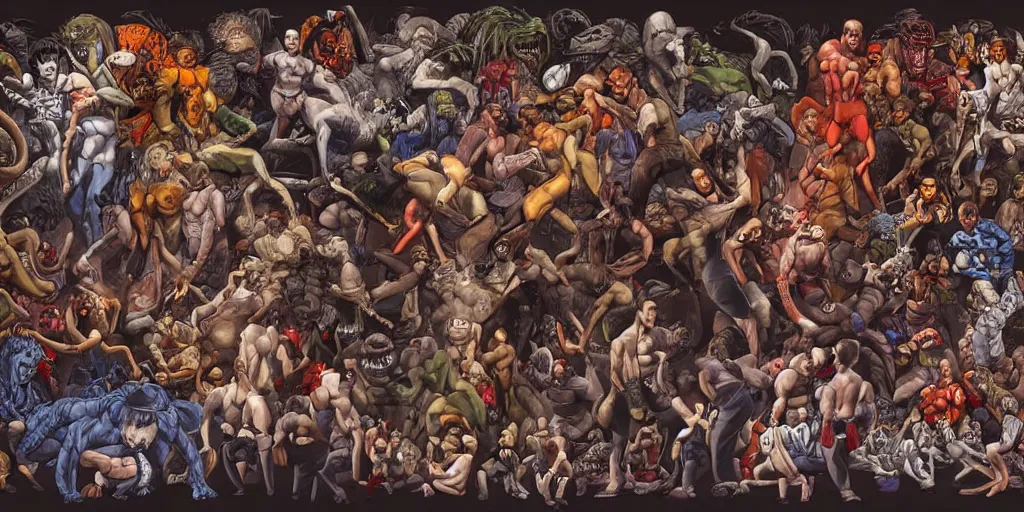 Prompt: digital painting of monsters doing mixed martial arts, by michael whelan, highly detailed, collage of styles, mix of styles, intricate, ghost in the shell color scheme, mma, boxing, kickboxing, masterpiece, golden ratio