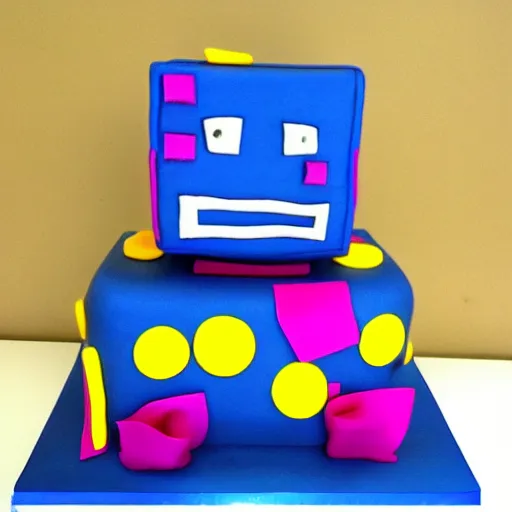 Prompt: happy robot cake square pink and purple made by professional cake decorator