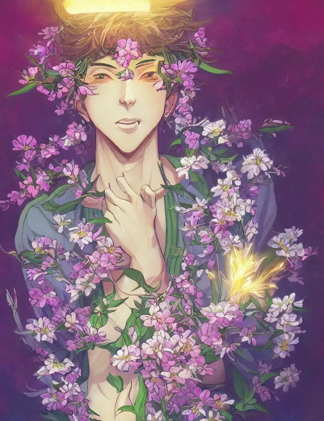 Prompt: androgynous deity of light and flowers. this oil painting by the award - winning mangaka has interesting color contrasts, plenty of details and impeccable lighting.