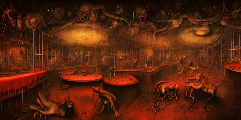 Image similar to surreal bar interior in hell by hieronymus bosch, animal body parts, red blood dripping, wide shot, baroque painting, dreamlike atmosphere, surreal abandoned buildings, beautiful detailed intricate insanely detailed octane render trending on artstation, soft natural volumetric cinematic perfect light, masterpiece, 8 k artistic photography, chiaroscuro, raphael, caravaggio, beksinski