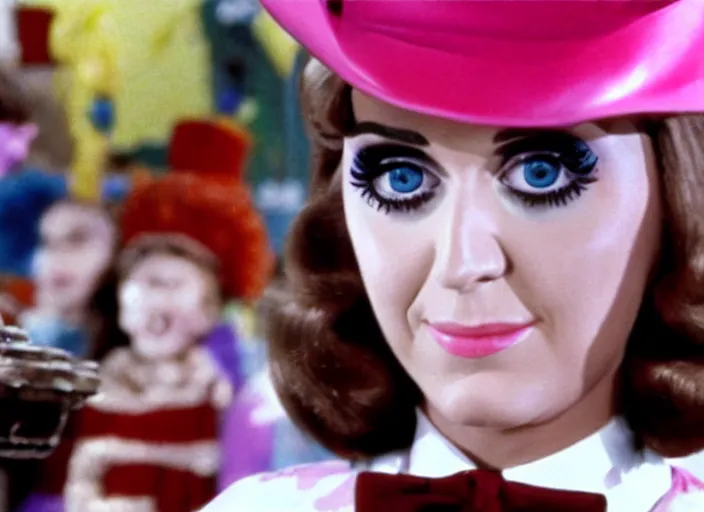 Prompt: a film still closeup of candy katy perry in willy wonka and the chocolate factory ( 1 9 7 3 )