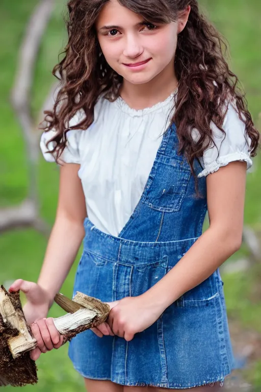 Prompt: a middle-school girl with brown eyes and unkempt wavy short brown hair wearing a white dress and holding a bundle of firewood, high resolution film still, 8k, HDR color, short hair, round face, dimples, beautiful gazing eyes