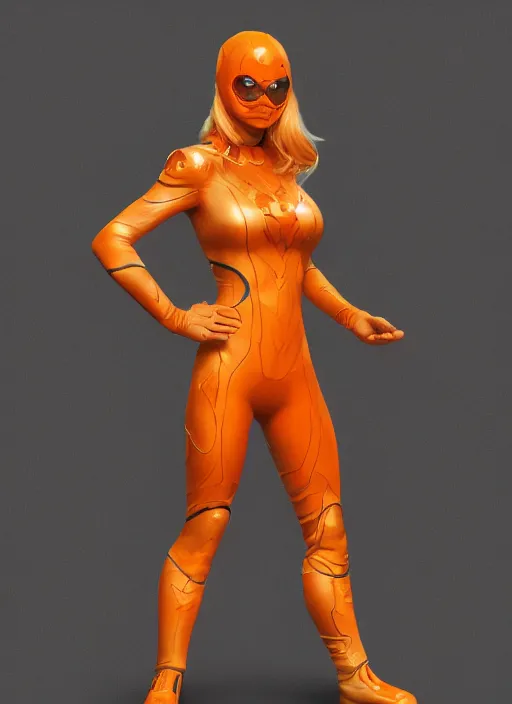 Prompt: teenage blonde girl wearing an orange superhero costume, au naturel, hyper detailed, digital art, trending in artstation, cinematic lighting, studio quality, smooth render, unreal engine 5 rendered, octane rendered, art style by klimt and nixeu and ian sprigger and wlop and krenz cushart