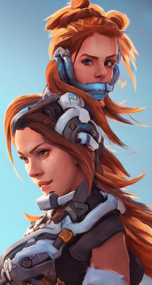 Image similar to one character, overwatch, brigitte, horizon zero dawn, aloy, digital art, high detailed, artstation