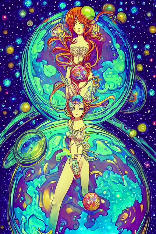 Image similar to psychedelic, acid trip, intricate, highly detailed, anime, 4k, beautiful seductive slime girl holding a huge orb containing the universe, with professional makeup, long trippy hair, surrounded by gems, underneath the stars, trending on patreon, deviantart, twitter, artstation, volumetric lighting, heavy contrast, by artgerm and Ilya Kuvshinov and alphonse mucha, interstellar galaxy