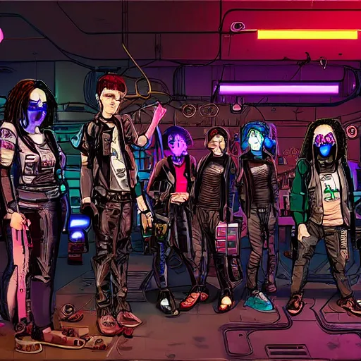 Prompt: group photo of a cyberpunk gang