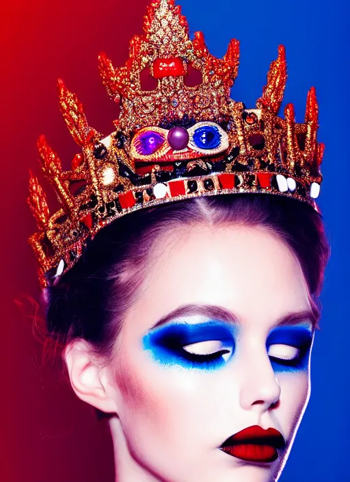 Image similar to a female high fashion model wearing a jeweled face crown, dark eye make - up, red lips, alexander mcqueen, haute couture, artstation, high detail, black, red and blue, 8 0 s airbrushed, film still, cinematic composition