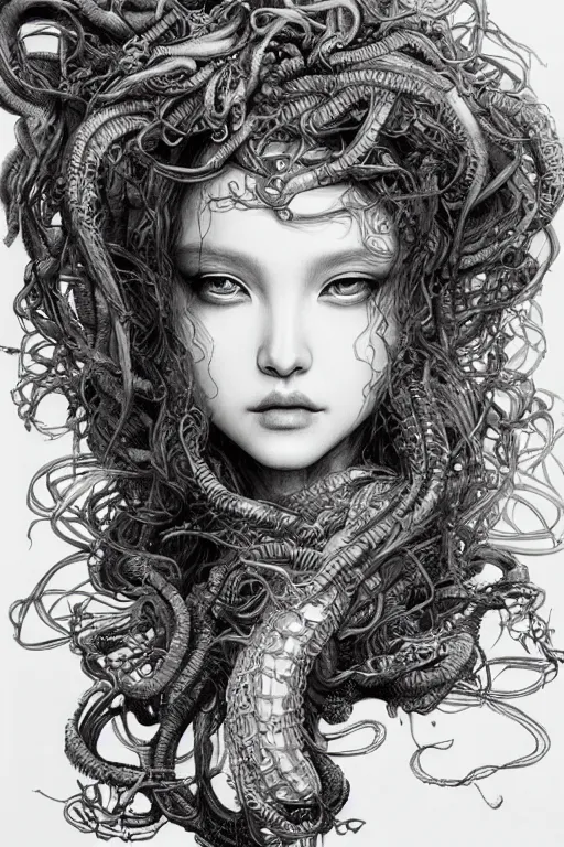 Image similar to Portrait of Medusa, pen and ink, intricate line drawings, by Yoshitaka Amano, Ruan Jia, Kentaro Miura, Artgerm