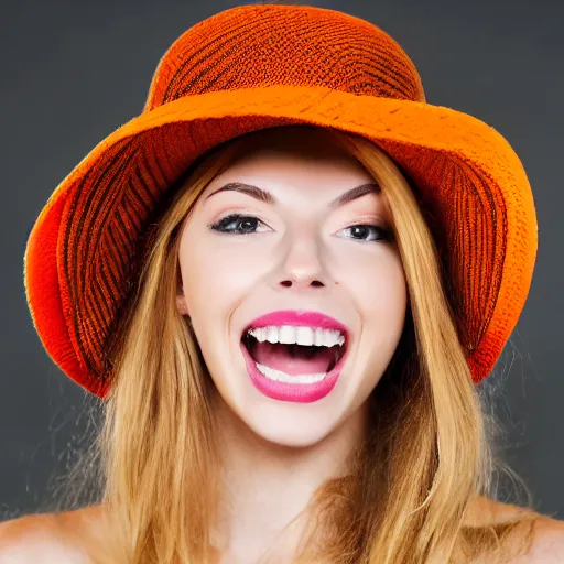 Image similar to portrait tres jolie d'une souriante femme 2 5 ans, cheveux moyen jaune blonde caractere avec un chapeau orange, cheveaux sorte un peu du chapeau, la femme mets sa main sur le chapeau pour essayer de le retenir.