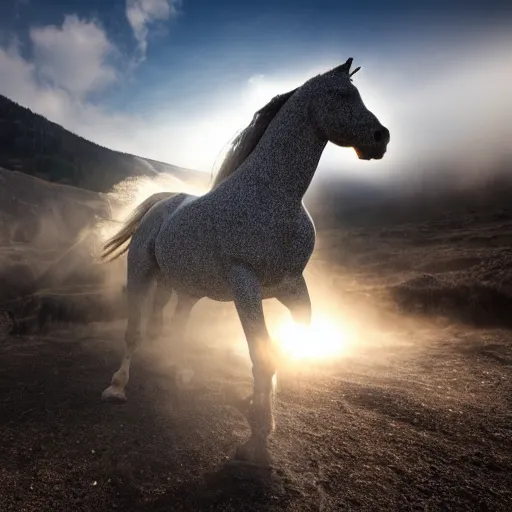 Prompt: stampeding muscular horse emerging out of pyroclastic flow with mist and sun rays. wide angle lens. 4 k