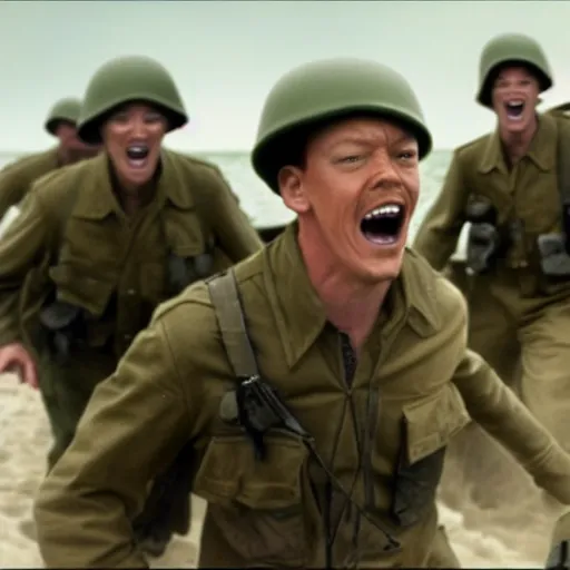 Image similar to photo realistic image of Matthew Lillard as shaggy from scooby doo, storming the beaches of Normandy in 1944, HD, high detail, photorealistic, Hollywood cinematic, Christopher Nolan