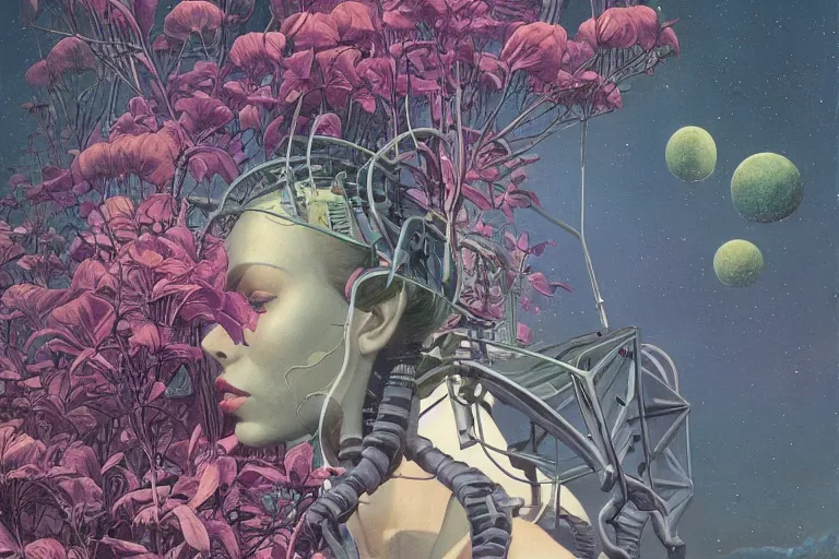 Image similar to gigantic robot - girl head floating in the space, a lot of exotic plants, trees, flowers, oldschool vintage sci - fi flat surreal grainy design, super - detailed, oil painting by moebius, hd, 4 k, high quality