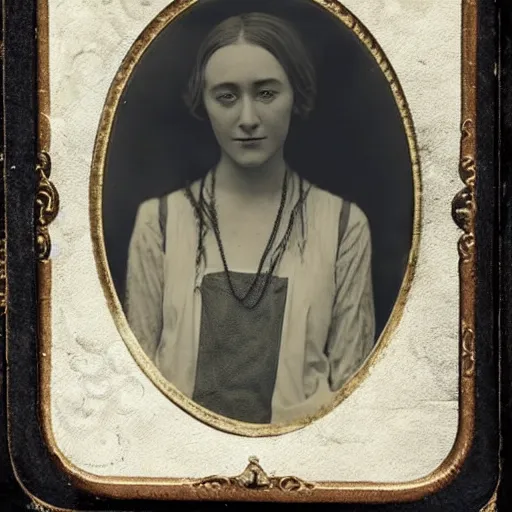 Image similar to Tintype photograph of Saoirse Ronan as a Irish ethnographic subject. 1920s studio lighting.