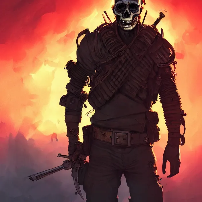 Prompt: portrait of a mad max soldier with a skull mask and a bomb running towards us, dark fiery background, dark ominous mood, in the style of artgerm and charlie bowater and atey ghailan and mike mignola, epic lighting, strong rim light, vibrant colors and hard shadows and strong rim light, comic cover art, plain background, trending on artstation