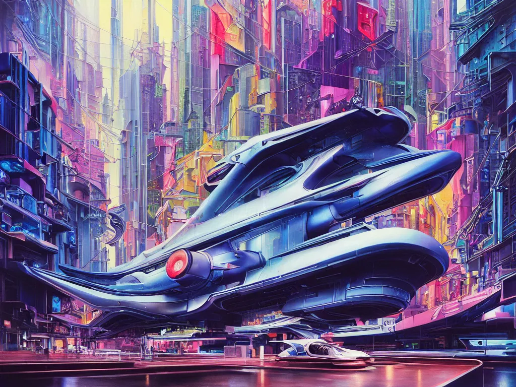 Prompt: hyperrealistic painting of a slice of life from a futuristic city, mechanical designs, technological, hi - tech engineering, art deco architecture, futuristic car, vivid color, meticulous, cinematic, cyberpunk style, highly detailed, realism, intricate, acrylic on canvas, 8 k resolution, concept art, by noriyoshi ohrai, francesco di giorgio martini, moebius