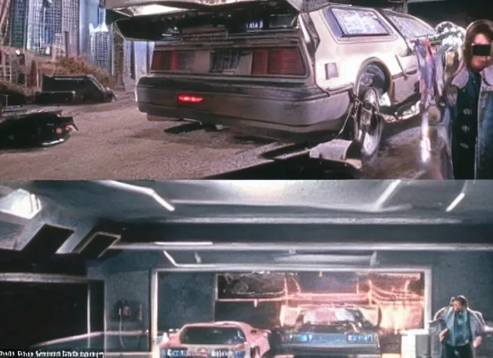 Image similar to screenshot from the iconic scene from the lost Back to the Future film directed by Martin Scorsese, cinematic lighting, unsettling set design with extreme detail, moody cinematography, with anamorphic lenses, crisp, detailed, 4k image, starring Marty Mcfly