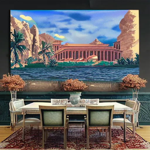 Image similar to ancient palace viewed from the sea, epic retrowave art, trending on art station